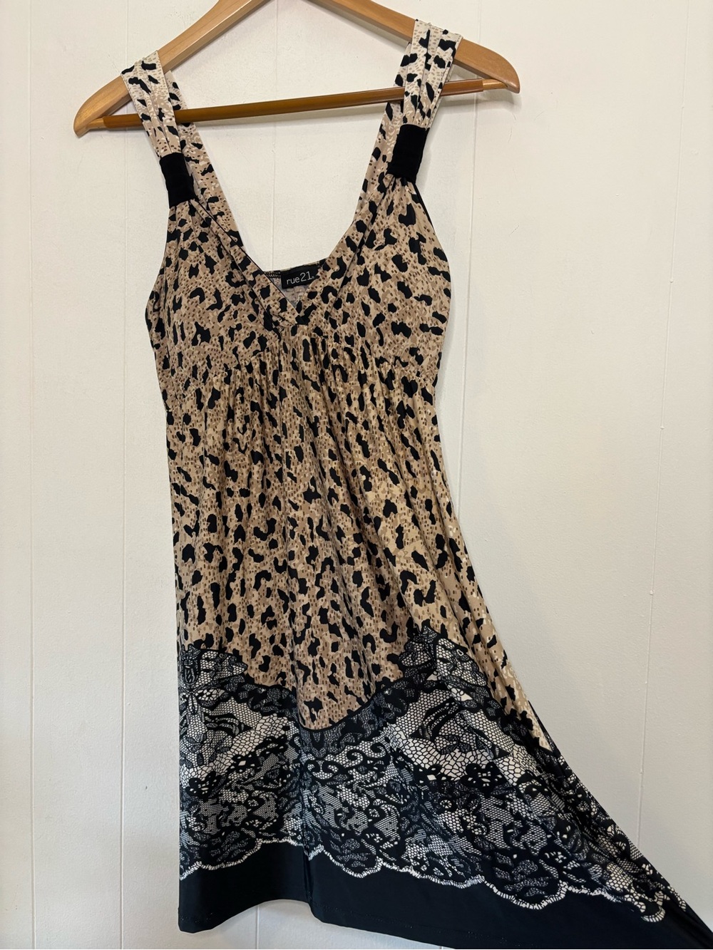 RUE21 y2k Tan/Black Leopard Print Babydoll Mini Dress Printed Lace Hem Small